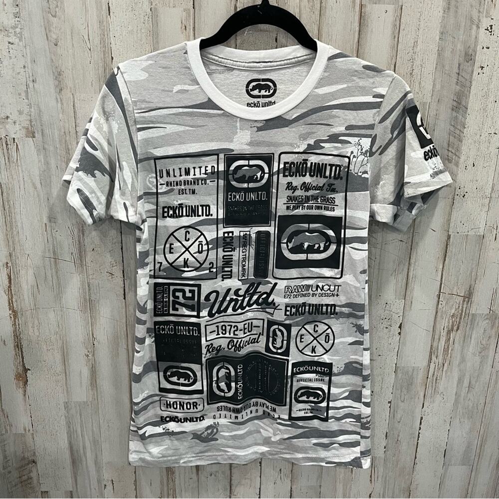 Ecko Unltd Shirt Men Black White Tee Rhino All Over Print Y2K Hip Hop 00s